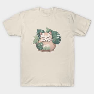 Cute Sleeping Kawaii Cat in Plant Pot T-Shirt